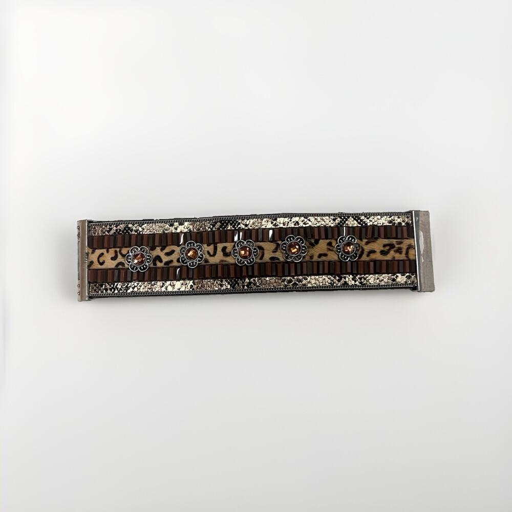 Italian Leather Bangle Cuff Bracelet Exotic Animal Fur Inlay Crystal Handmade